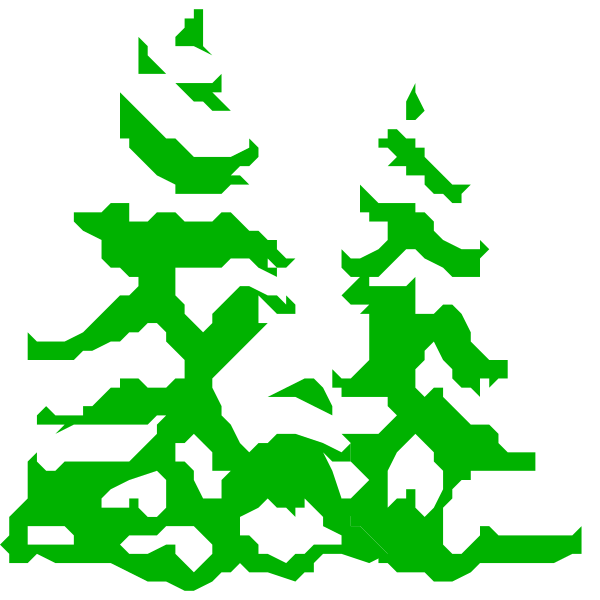 The image shows a pixelated representation of trees with green leaves against a dark background on an electronic device screen displaying this graphic.