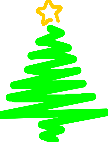 The image shows a simple line drawing of an artificial Christmas tree with green needles against a black background on the left side, accompanied by what appears to be hand-drawn scribbles resembling snowflakes and stars in various sizes around it.