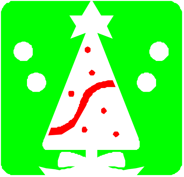 The image shows a simple black and white pixelated representation of Christmas decorations with snowflakes around them on top left corner, followed by an iconic green tree in center right side adorned with red dots representing berries at bottom, topped with star ornaments above it. To the far right is another small image depicting a candy cane and two presents under what appears to be mistletoe on top left corner of this smaller graphic.