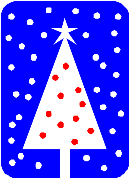 The image shows a Christmas tree with snowflakes falling around it against a blue background on what appears to be an electronic display screen.