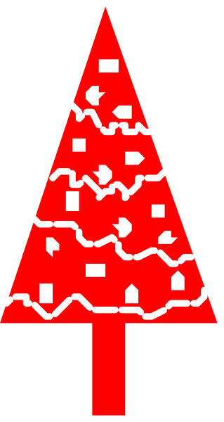 The image shows a pixelated red Christmas tree with white dots representing lights on it to its right side against a gray background.