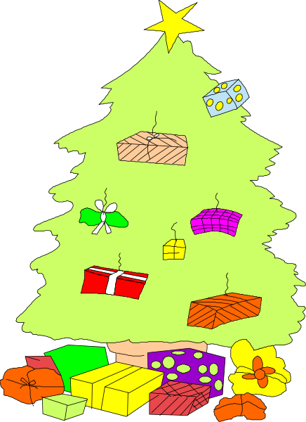 The picture shows a Christmas tree decorated with various presents at its base; it is set against a black background.