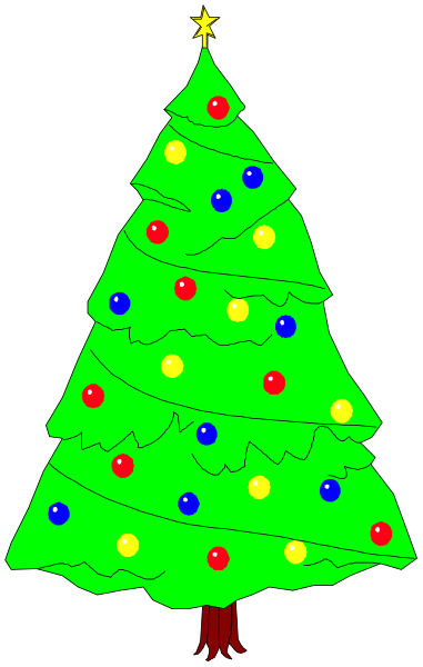 The image shows a colorful Christmas tree with lights on it against a dark background.