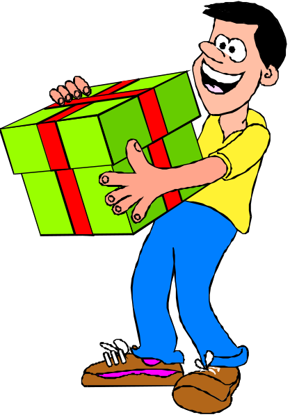 The cartoon shows a man holding an oversized gift box with his arms outstretched as if offering it to someone else; he is smiling broadly while standing on what appears to be a sidewalk in front of a building, and there's no one around him except for himself.