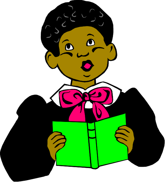 The image shows a cartoon of an African American girl with dark hair holding up her finger to indicate she's reading from a book that is open in front of her. She has on a pink bow tie, and there appears to be some text above her head which might say "I love books" or something similar due to the context provided by your description. The background behind her seems dark with no distinct features visible beyond what's described herein.