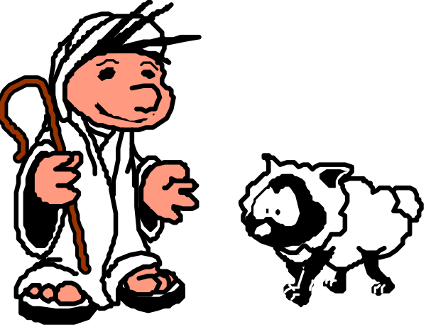 The black and white cartoon shows a shepherd with his sheep on either side of him; he is holding two staffs in each hand while standing next to them.