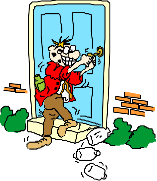 The cartoon shows a man standing outside an open door with his hand on it as if he's about to knock; there is trash scattered around him in front of the house.