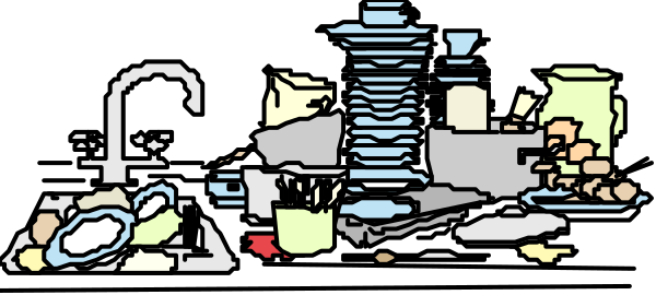 The image shows a black and white cartoon of various kitchen items such as pots, dishes, utensils, appliances like an oven and refrigerator, along with some food items on top of them all.