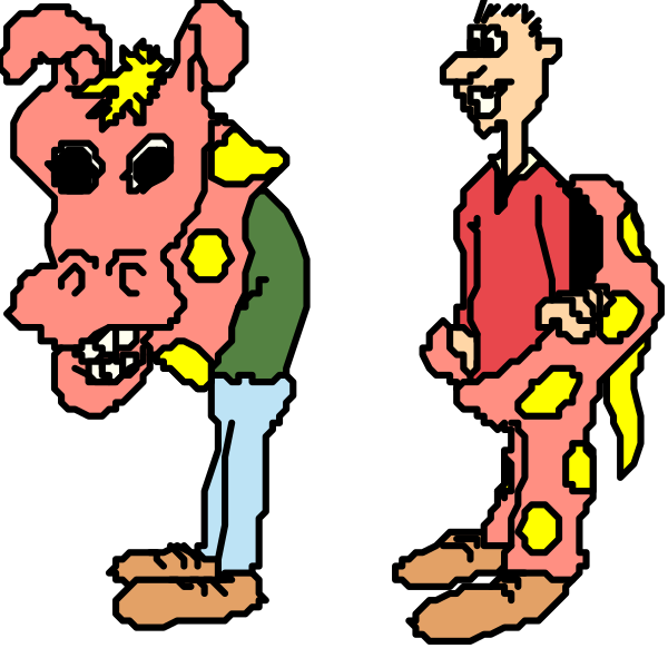 The image shows a cartoon of three anthropomorphic dogs standing side by side against a black background; each dog is wearing different clothing: one wears red pajamas with yellow spots on its body, another dons green pants and no shirt, while the third sports pink polka dot underwear.