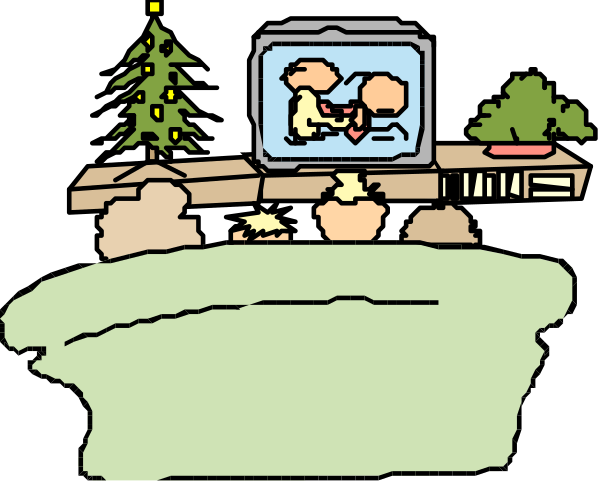 The image shows a cartoon depiction of an indoor scene with various items on it: there is a small television displaying what appears to be two animated characters; above that, there's a Christmas tree decorated for holiday season; below and in front of these objects sits another character who seems to have fallen or been pushed off the table. The setting includes rocks around the base where this scene takes place.
