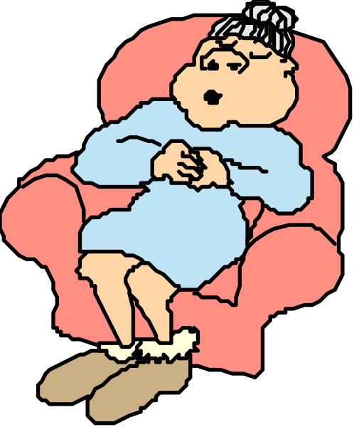 The cartoon depicts an elderly woman sitting on a red chair with her hands clasped together over her chest while wearing glasses; she is dressed in blue clothing including a dress shirt and skirt, along with white shoes adorned with fur trim at the cuffs.