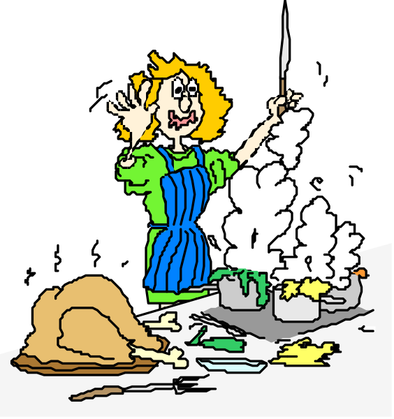 The cartoon shows a woman standing at an oven with food items inside it; she is holding up her hand as if to stop someone from opening the door of the stove.