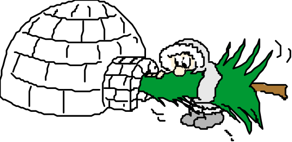 The image shows a cartoon of an igloo with two characters: on its left side is a character that appears to be eating grass from inside it; next to this figure stands another character who seems to have just emerged, holding what looks like a stick or tool in their hand and looking surprised.