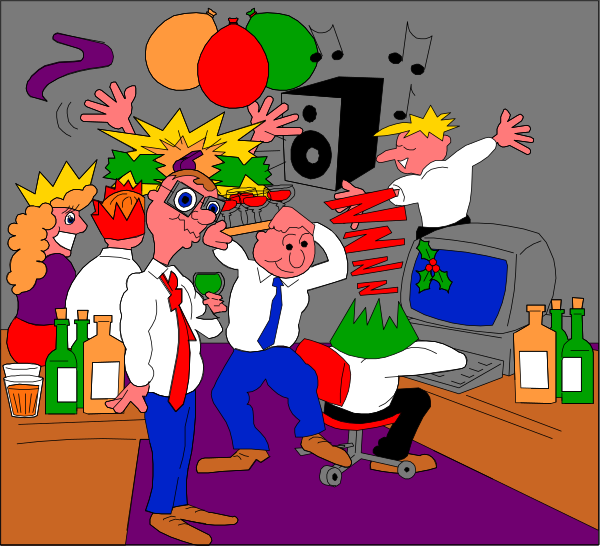 The cartoon shows a group of four animated characters celebrating with party hats on their heads; there's confetti in mid-air around them as well as balloons floating nearby. They appear to be at an indoor gathering, possibly a birthday celebration or office event, given the presence of cake and decorations like streamers hanging from above. The room has various items such as bottles (likely containing drinks), cups on tables, and what looks like party favors scattered around them.