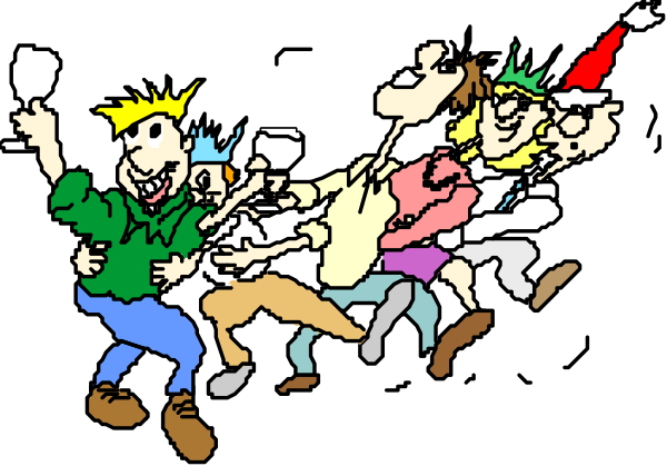 The cartoon shows a group of animated characters running together with exaggerated expressions; there is no text present on this image.