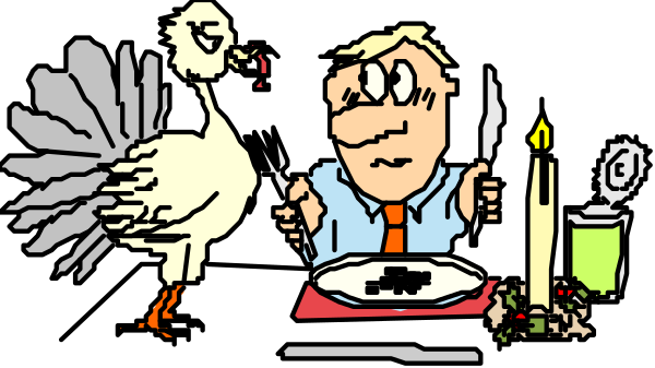 The image shows a cartoon of an adult man sitting at a table with various food items including turkey wings, candles in holders on either side of him, and what appears to be a roasted bird next to his plate. He is wearing glasses and has short hair. To the right of the scene there's another character that resembles an anthropomorphic turkey standing upright with its feathers spread out as if it were in motion or dancing. The background features dark colors, creating contrast against which these characters are depicted.