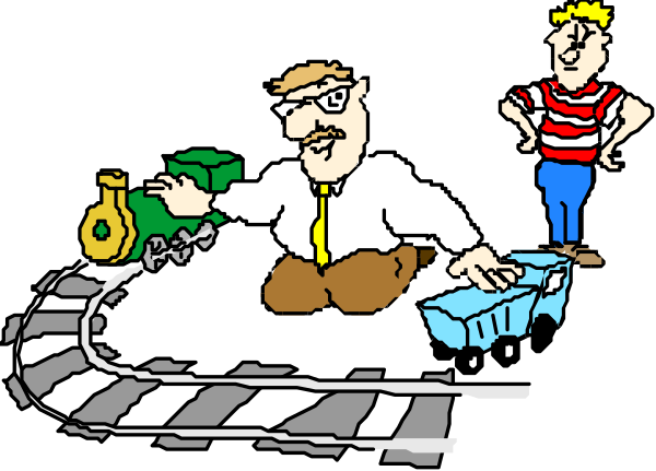 The cartoon shows a man standing on railroad tracks with his hands outstretched as if he's trying to stop something; next to him is an animated character that appears to be shooting at another figure, who seems to have been hit by it and has fallen onto their back near the train track.