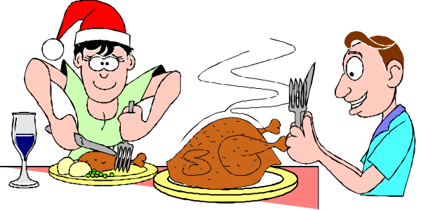 The image shows a family of three sitting around a dinner table with plates full of food including turkey; there's also wine glasses on the table indicating that it might be Christmas time as suggested by one person wearing Santa Claus hat and another holding what appears to be an oven mitt, possibly suggesting they are serving or handling hot dishes.