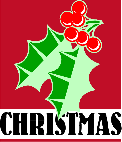The image features a red background with two holly leaves on either side of an evergreen branch adorned with berries at its center; above this festive arrangement is text that reads "Merry Christmas."