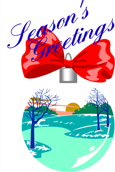 The image shows a Christmas card with text that reads "Season's Greetings" at top right corner above an illustration of a snowy landscape featuring trees under blue sky during sunset in lower left, and below it is a red bow on what appears to be a gift box or decorative item.