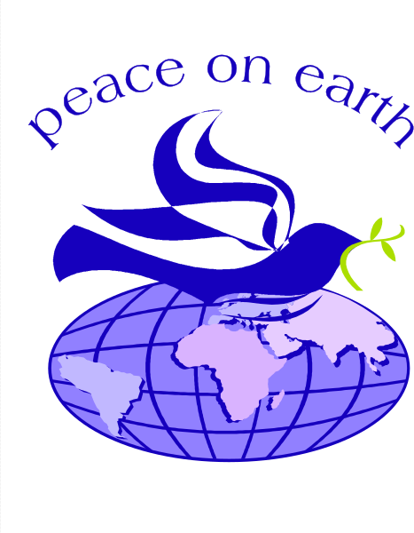 The logo features a dove with an olive branch on its beak flying over a globe of Earth, which is set against a blue background atop a black square that has white text reading "Peace On Earth."
