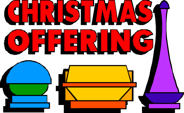 The image shows a colorful sign with text that reads "CHRISTMAS OFFERING" at the top in red letters on a black background. Below this is an illustration of three stylized food items: two hot dogs, one burger, and another item resembling pizza or fajita wraps; all are depicted as if they're being offered for sale with prices indicated by dollar signs next to each dish. The style appears cartoonish and the colors used in this clip-art image include red, green, blue, yellow, purple, pink,