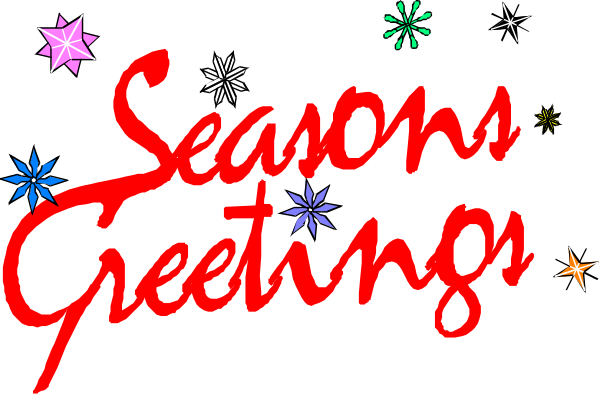 The image shows a festive greeting with colorful confetti background that says "seasons's greetings" in red text at top of black banner.
