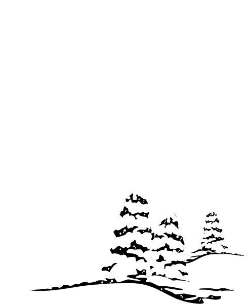 The black and white photo shows a serene landscape with trees on either side of what appears to be an open field leading up to mountains in the distance under a clear sky.