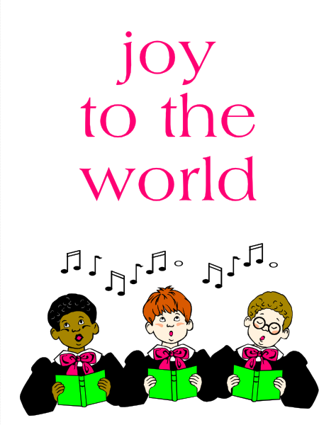 The image shows a black background with three cartoon characters standing behind each other; two of them appear to be children wearing red shirts while one is in green holding what looks like an open book. Above these figures, there's text that reads "JOY TO THE WORLD" and below it are the words "HAPPY HOLIDAYS." The characters seem to be singing or performing a song with music notes floating around them.