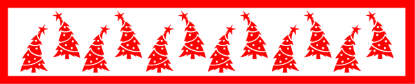 The image shows a red ribbon with white Christmas trees on it against a gray background.
