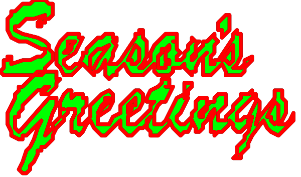 The image shows a digital graphic with text that reads "Season's Greetings" at the top of what appears to be an electronic greeting card design in red letters against a black background.