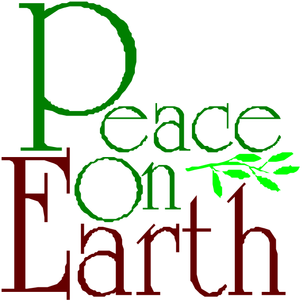 The image displays a graphic with text that reads "Peace on Earth" atop an illustration of two Christmas trees flanking either side of a peace sign in red against a white background.