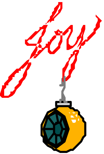 The image shows a pixelated graphic with text that reads "JOY" at the top right corner of an oval shape resembling a bell. Below this word is another smaller red rectangle containing more white letters spelling out "Joy." To the left, there's a small black and yellow icon depicting what appears to be a clock with two hands indicating it might represent time or schedule. The background of the image has an abstract pattern in shades of gray that does not provide any additional context about setting or objects within this space.