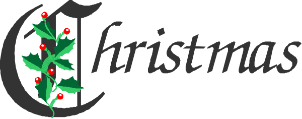 The image shows a Christmas card with text that reads "Christmas" at top right corner of an illustration featuring holly leaves on either side of berries in red ovals against green backgrounds; below this, there is additional decorative detailing what appears to be mistletoe or similar foliage.