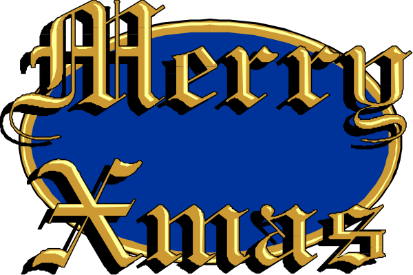 The image shows a Christmas greeting with text that reads "Merry Xmas" on top of an oval graphic resembling a stylized blue ribbon around which is written in gold cursive font, and below it, there's another line saying "Christmas."