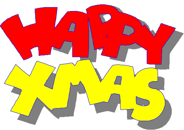 The image shows a colorful graphic with text that reads "Happy Christmas" at top left corner of an oval shape in red font on yellow background; below it is another phrase saying "Merry Xmas," which appears to be stylized as if made from Lego bricks, and the letters are colored differently. The overall style suggests a festive greeting card or message related to Christmas celebrations.