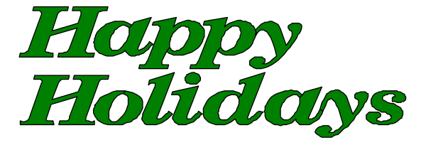 The image displays a holiday greeting with text that reads "Happy Holidays" on top of an illustration featuring two green Christmas trees flanking either side of the word "holiday."