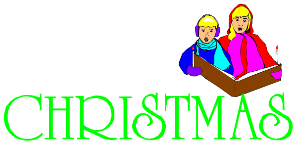 The image shows a Christmas greeting card with two cartoon children sitting on Santa's sleigh against a green background; above them is text that reads "Christmas."
