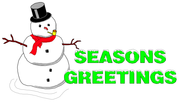 The image shows a cartoon snowman with top hat holding a cane standing on green grass next to text that reads "seasons greetings" in white letters against black background.