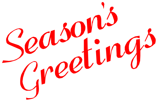 The image shows a holiday greeting with text that reads "Season's Greetings!" above an illustration of Christmas trees in front of which is placed another line of red text reading "Happy Holidays."