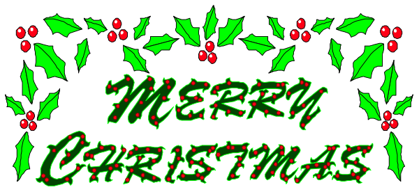 The image shows a Christmas greeting with "Merry Christmas" written above it on top of holly leaves decorated with berries in green and red hues against a black background; below this text is another line that says, "Christmas," also set within decorative elements resembling mistletoe.