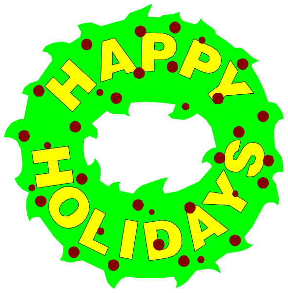 The image shows a holiday wreath with "Happy Holidays" written on it surrounded by Christmas decorations such as mistletoe leaves in green and red hues against a black background.