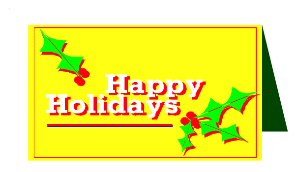 The image shows a holiday greeting card with text that says "Happy Holidays" on it, decorated with Christmas tree graphics at both ends of the message.