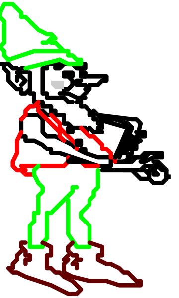 The image shows a pixelated representation of an arcade game character standing on what appears to be a platform with two platforms visible in front; one is empty while another has a small object resembling a bomb, and there's no text present within this cropped section.