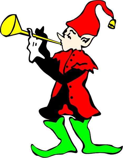 The image shows a cartoon of an elf playing trumpet with his tongue sticking out while wearing red boots.