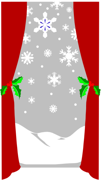The image shows a Christmas tree decoration with snowflakes on it placed inside what appears to be an open cardboard box that is decorated like a festive holiday scene including red curtains framing either side of the viewer, and holly leaves at its base.