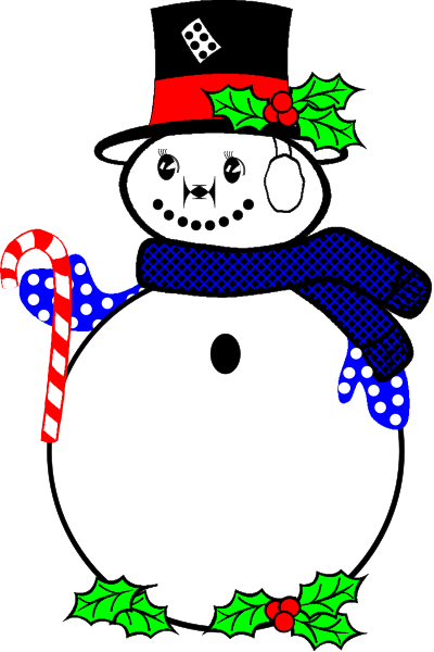 The image features a cartoon snowman with eyes closed standing on top of Christmas wreaths holding candy canes in each hand; it is set against a black background.