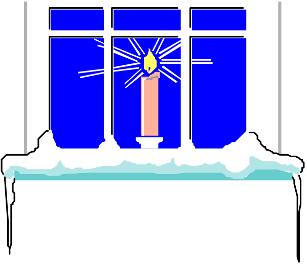 The image shows a stylized depiction of an indoor scene with a lit candle inside what appears to be a window frame against a dark background; there is no text present in this small clip-art image, and it does not provide any additional context about objects or actions beyond those described herein.