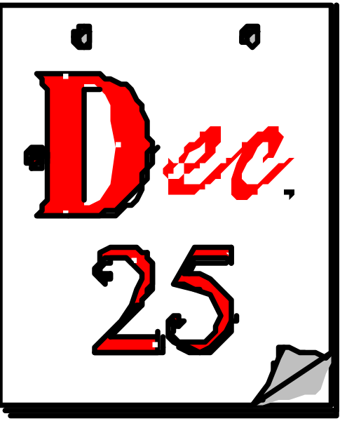 The image shows a calendar with December 25th highlighted as Christmas Day. It is set against an unidentified background that does not provide any additional context about location or time period. There's no text visible in this small clip-art image, and it doesn't depict people, animals, actions, or other objects beyond the calendar itself.