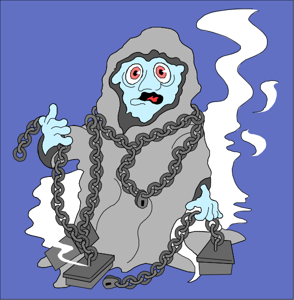 The cartoon shows a character with an exaggeratedly large head wearing glasses holding chains while standing next to another figure that appears to be smoking; both characters have distressed expressions on their faces against a blue background, suggesting distress or urgency.